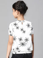 Girl floral print white round neck elasticated top