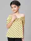 Girl polka dot print green tie-up round neck top