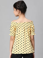 Girl polka dot print green tie-up round neck top