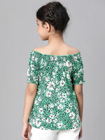 Girl floral print green tie-up round neck top