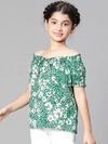 Girl floral print green tie-up round neck top