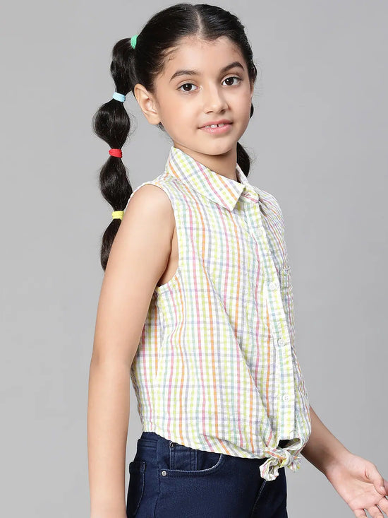 Girl check print multicolor collared tie-up cotton girl shirt