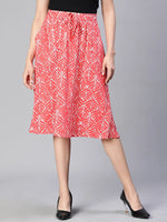 Women red printed elasticatedwith tie-up knee length skirt