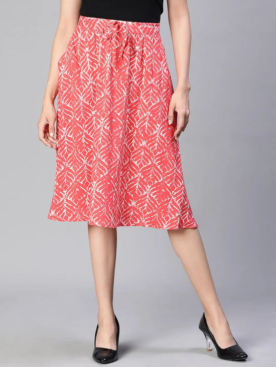 Women red printed elasticatedwith tie-up knee length skirt