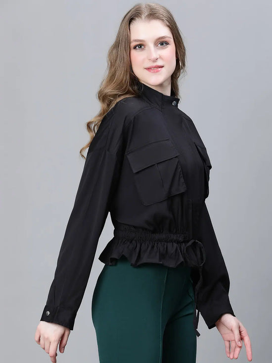 Women Solid Standard Black Full Sleeve Jacket