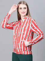 Women Printed Standard Red Full Sleeve Jacket