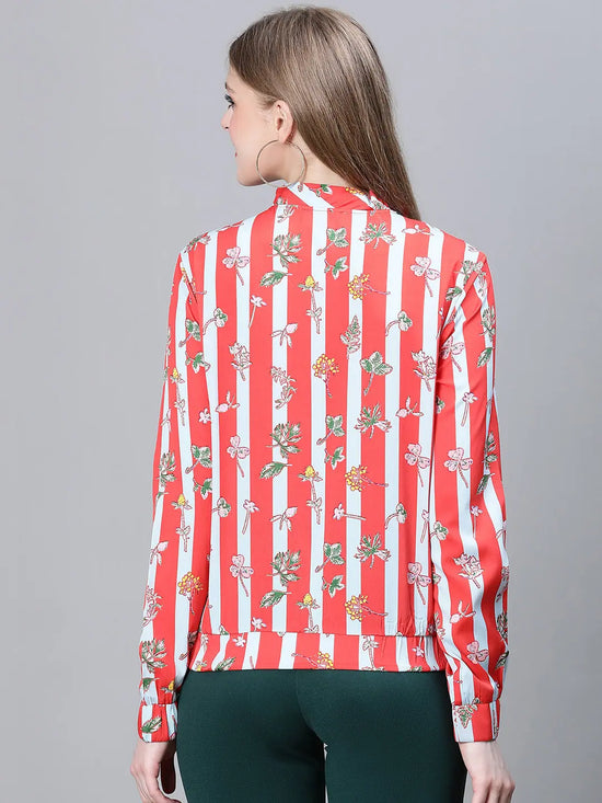 Women Printed Standard Red Full Sleeve Jacket