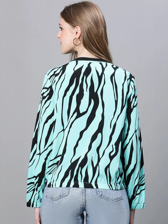 Women Printed Standard Light Blue Full Sleeve Jacket