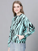 Women Printed Standard Light Blue Full Sleeve Jacket