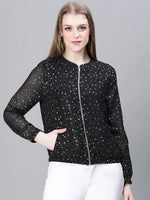 Women Printed Standard Black Full Sleeve Jacket