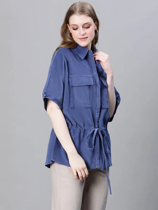 Women Solid Standard Blue Full Sleeve Jacket