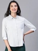 Women Stripe Print Soild Grey Collared Cotton Shirt