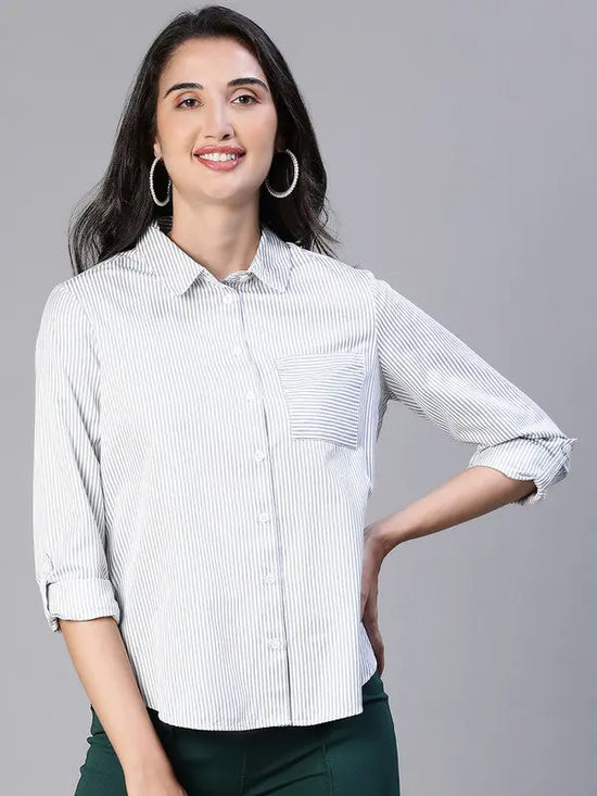 Women Stripe Print Soild Grey Collared Cotton Shirt