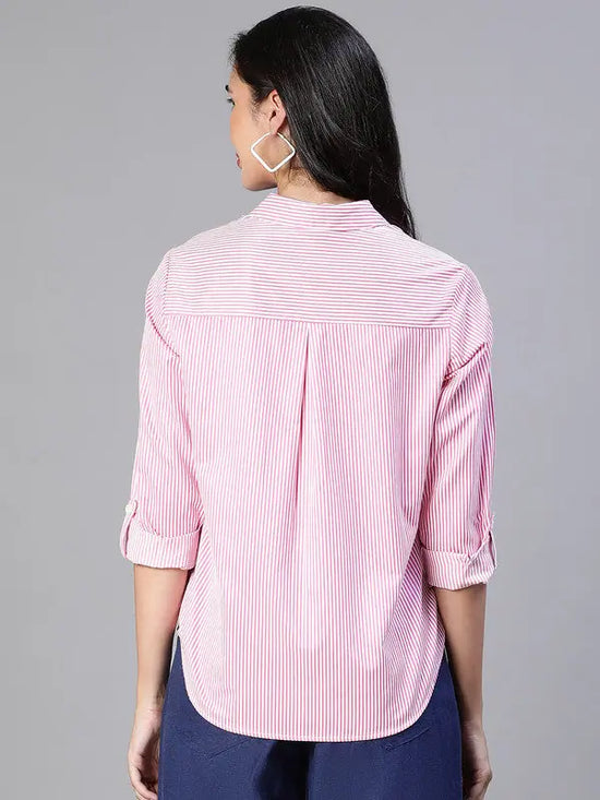 Women Stripe Print Soild Pink Collared Cotton Shirt