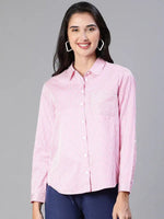 Women Stripe Print Soild Pink Collared Cotton Shirt