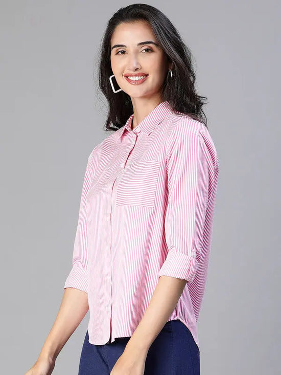 Women Stripe Print Soild Pink Collared Cotton Shirt