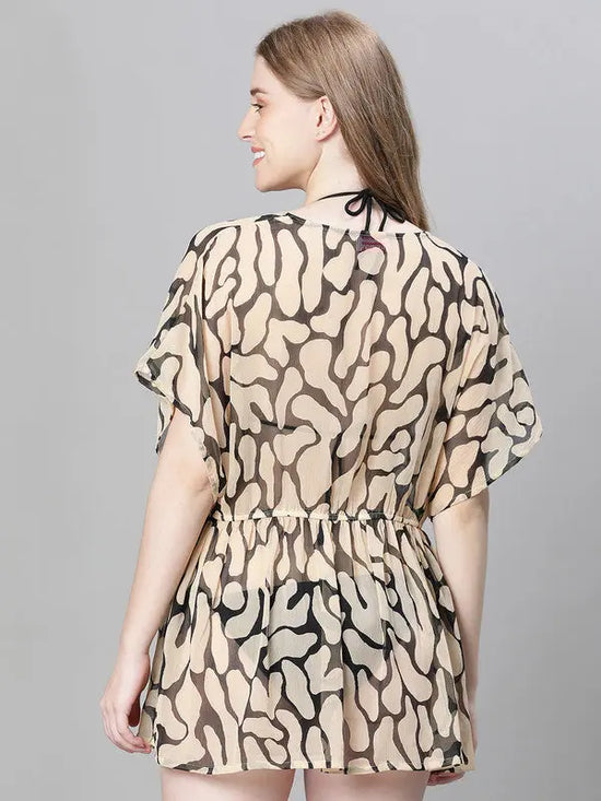 Women Brown Animal Print V-Neck Elasticated Beachwear Kaftan