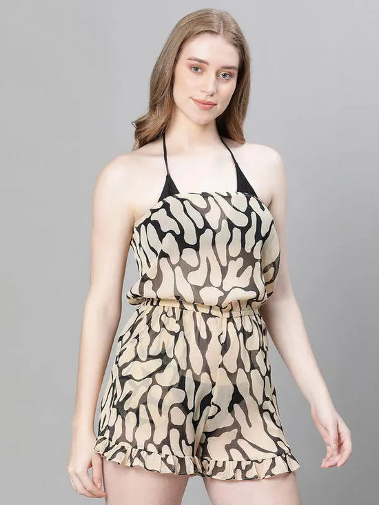 Women Brown Animal Print Elasticated Off -Shoulder Beachwear Playsuit