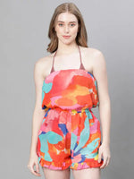 Women Multicolor Floral Print Elasticated Off -Shoulder Coton Beachwear Playsuit