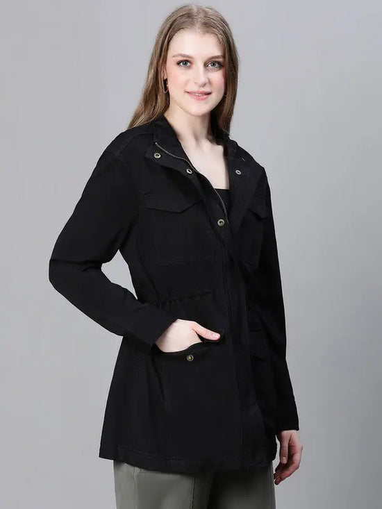 Women Solid Standard Black Full Sleeve Jacket