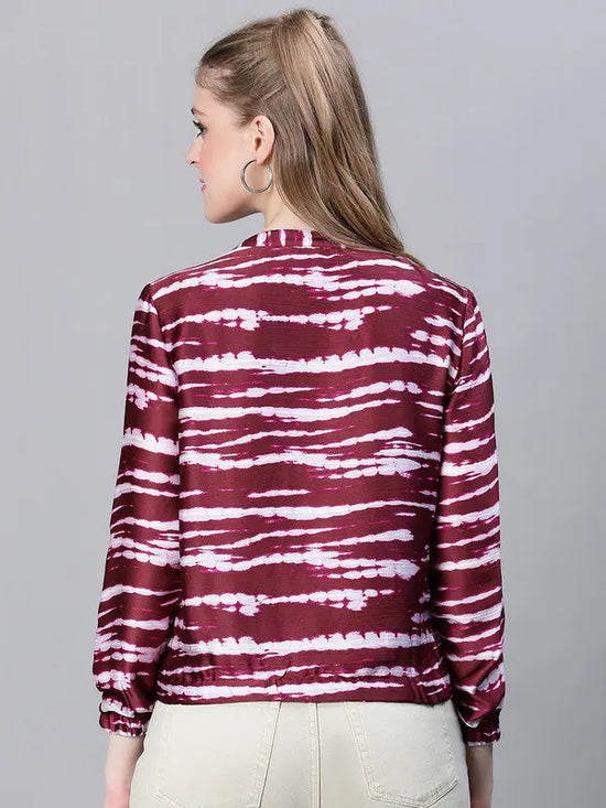 Women Printed Standard Wine Full Sleeve Jacket