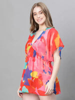 Women Multicolor Floral Print V-Neck Elasticated Beachwear Cotton Kaftan