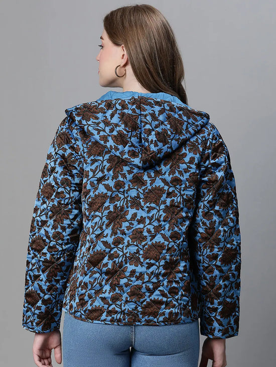 Women Printed Standard Blue Full Sleeve Jacket