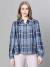 Women Blue Check Print Collared Long Sleeve Buttoned Shirt