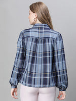 Women Blue Check Print Collared Long Sleeve Buttoned Shirt