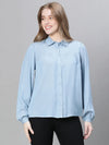 Women Soild Blue Collared Long Sleeve Buttoned Cotton Shirt-W23108WSH001_S