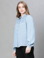 Women Soild Blue Collared Long Sleeve Buttoned Cotton Shirt-W23108WSH001_S