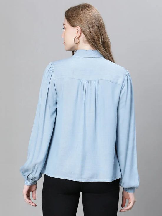 Women Soild Blue Collared Long Sleeve Buttoned Cotton Shirt-W23108WSH001_S