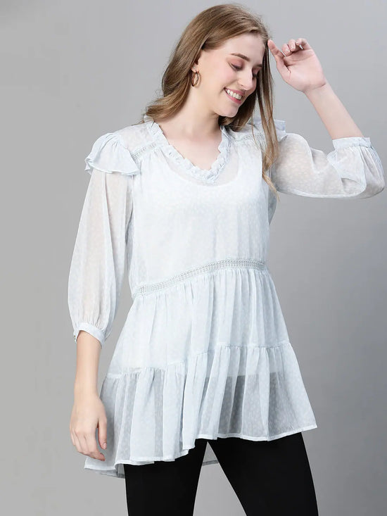 Women blue ruffled v-neck flared tunic