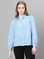 Women Soild Blue Collared Long Sleeve Buttoned Cotton Shirt-W23108WSH002_S