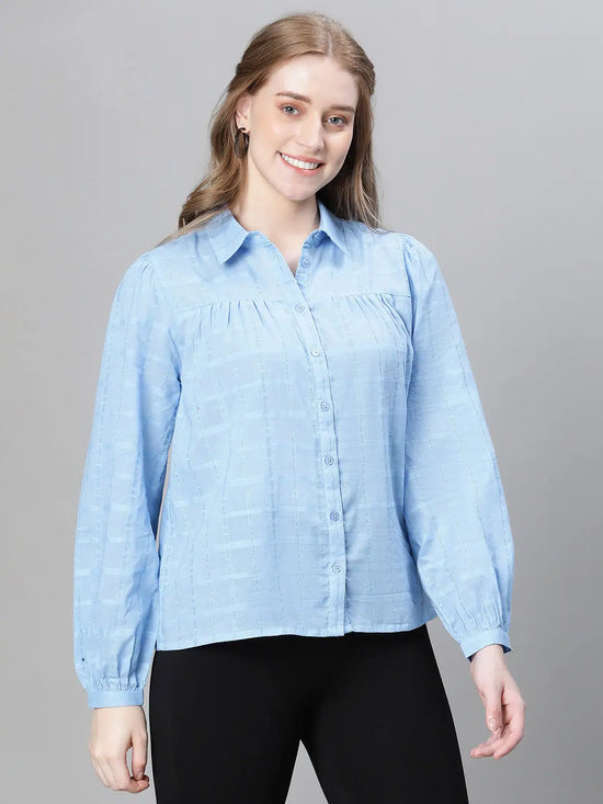 Women Soild Blue Collared Long Sleeve Buttoned Cotton Shirt-W23108WSH002_S