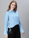 Women soild blue collared long sleeve high-low shirt