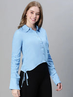 Women soild blue collared long sleeve high-low shirt