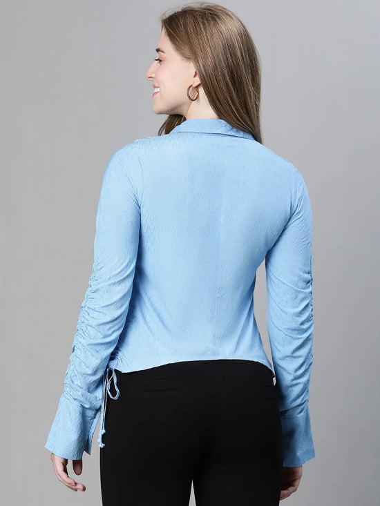 Women soild blue collared long sleeve high-low shirt