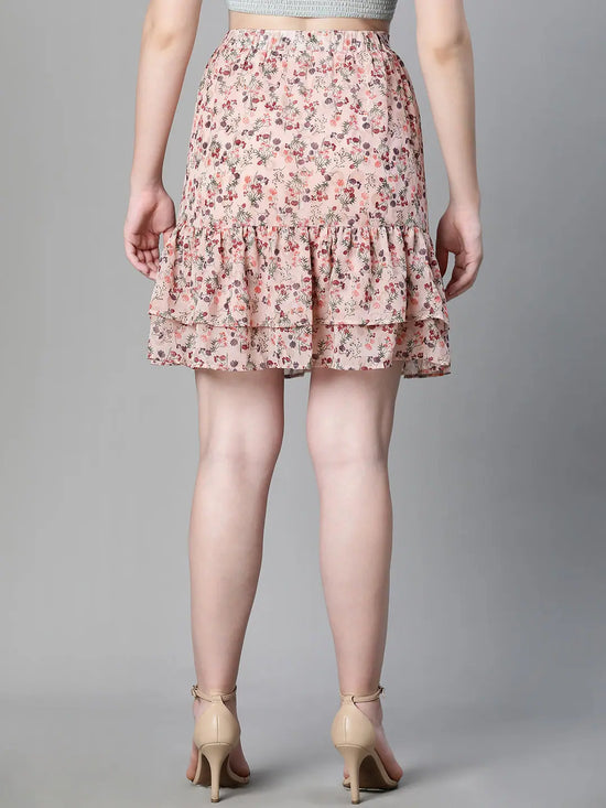 Women Peach Floral Print Elasticated Flared & Layered Short Party Wear Skirt