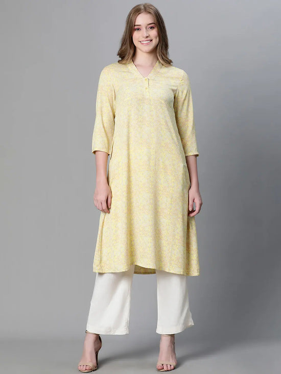 Women yellow floral print v-neck 3/4 sleeve tunic