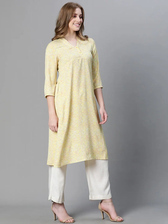 Women yellow floral print v-neck 3/4 sleeve tunic