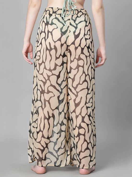 Women Brown Abstract Print Elasticated Flared Straight Beachwear Pant