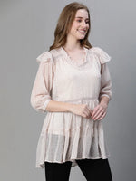 Women beige ruffled v-neck flared tunic