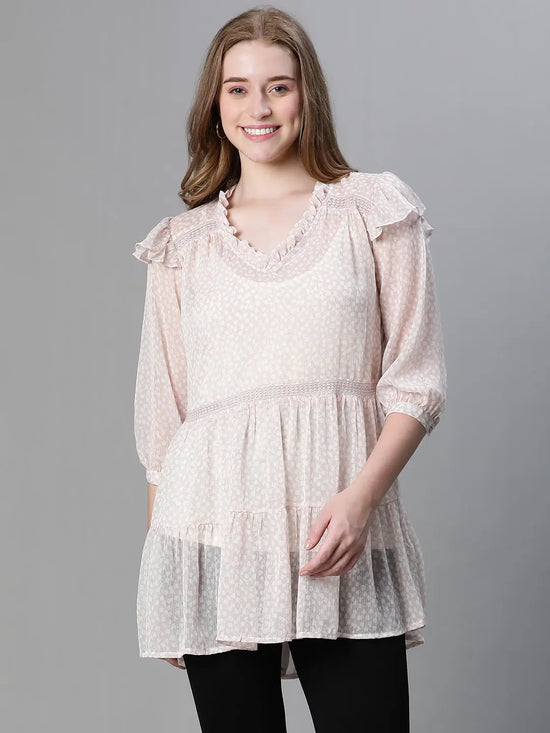 Women beige ruffled v-neck flared tunic