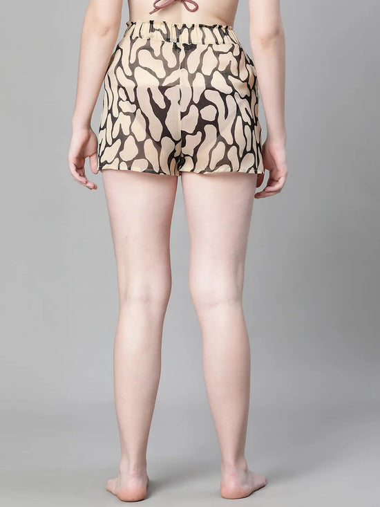 Women Brown Printed Elasticated Tie-up Beachwear Shorts