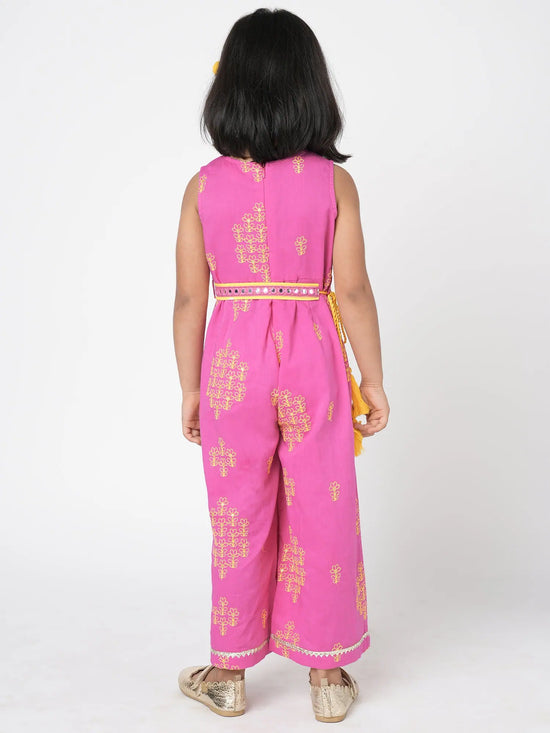 Marigold Magic Girls Pink Embroidered Jumpsuit