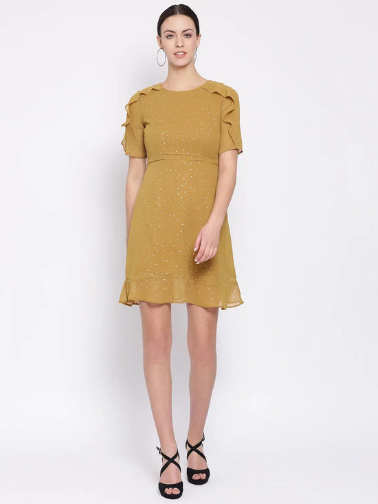 Mustard Frill Skater Foil Print Women’s Dress