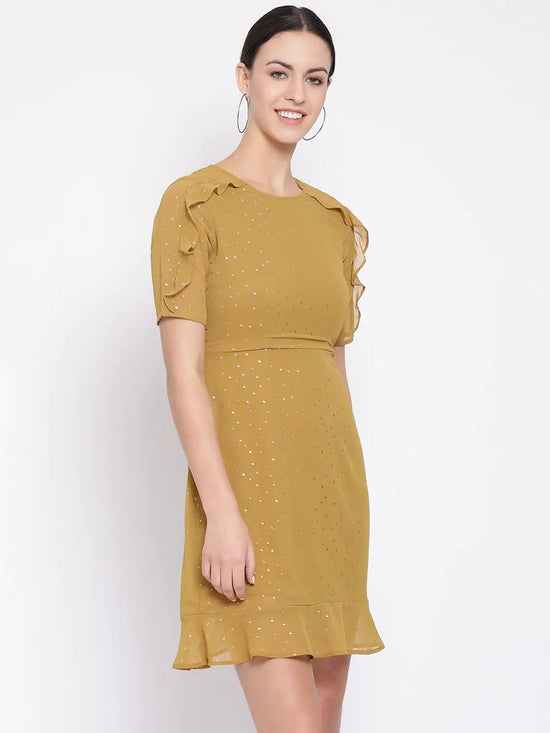 Mustard Frill Skater Foil Print Women’s Dress