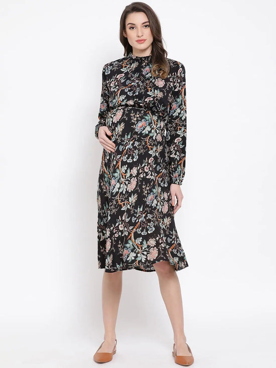 Floral Dectorial Caution Midi Maternity Dress