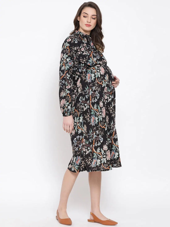 Floral Dectorial Caution Midi Maternity Dress